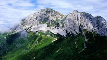 house on a mountain - house, mountain, trail, clouds