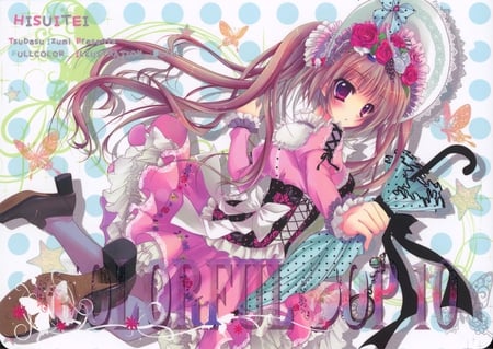 Colorful Pop - girl, long hair, design, colorful, frilly, butterfly, bow, girly, umbrella, anime, brunette, ribbon, dress, pop, shoes