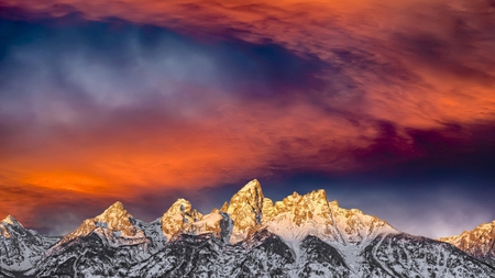 fire in the sky - sky, red, mountains, snow