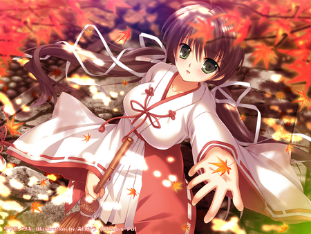 Anime - girl, female, leaves, anime, kimono