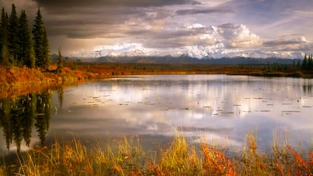 mountains in the distance - mountains, lake, clouds, tress