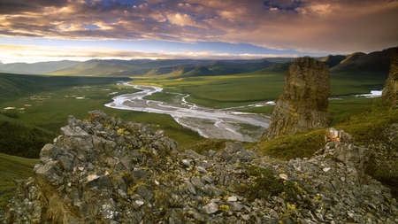 meandering river - river, hills, valley, rocks