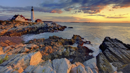 lighthous in sunset - lighthouse, house, shore, rocks