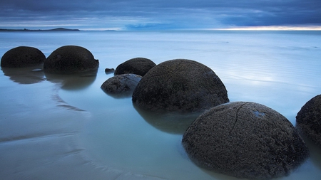 boulders like bowling balls - beach, boulders, sea, blue