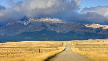 dirt road to the mountain - road, clouds, mountain, fields