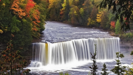 curtain waterfall - nice, trees, water, colorful, waterfall, foliage, calm, fall, view, quiet, river, falling, shore, lovely, foam, serenity, nature, forest, beautiful, leaves, silence