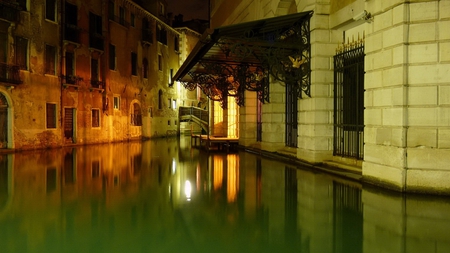 underwater street in venice - street, water, lights, night, houses