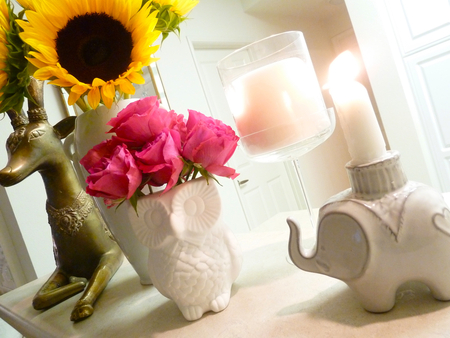 Special Shineâ™¥ - living room, beautiful, bouquet, elephant, deer, forever, figures, white, bright, sunflowers, deep pink, wonderful, arrangement, fashion, candles lights, yellow, still life, owl, roses, pure, entertainment, sunshine