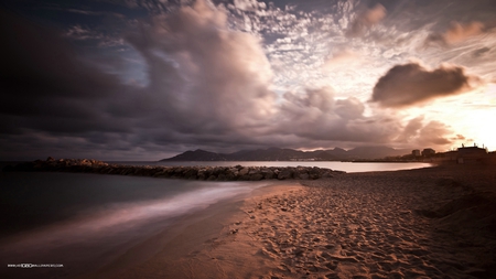 nightfall approach - breakwater, clouds, sunset, beach