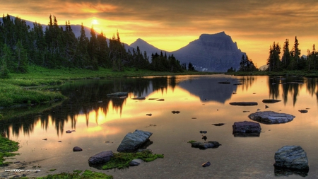 perfect sunset - lake, forest, sunset, mountain