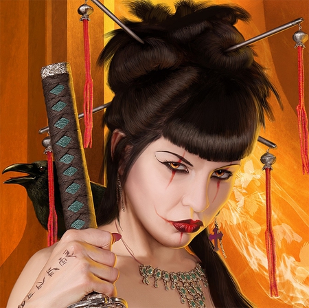 Oriental Amber - abstract, oriental, fantasy, female, raven, artwork, sword