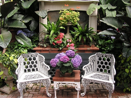 beautiful garden - flowers, nature, garden, plants, chairs, hydrangea