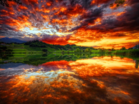 Amazing sky reflection - calm, clouds, water, summer, sundown, beautiful, mirrored, sunrise, reflection, river, sunset, nature, lake, peaceful, sky