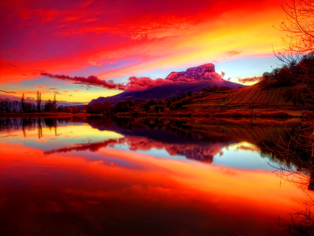 Red sky reflection - clouds, beautiful, island, colors, reflection, colorful, shore, nature, red, sky