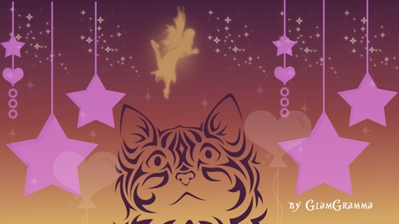 Cat-Fairy Love - purple, wallpaper, pink, cat, stars, background, heart, hearts, fairy, star