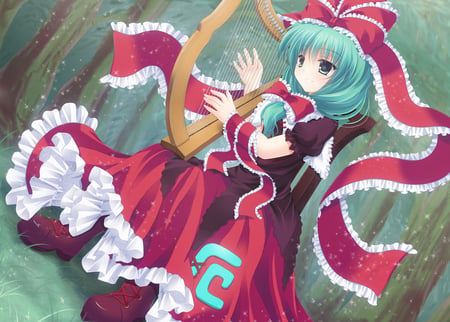 Kagiyama Hina - girl, harp, music, kagiyama hina, bow, anime, tune, ribbon, dress