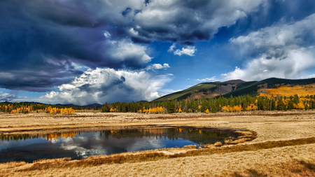 golden pond - clouds, field, mountain, pnd