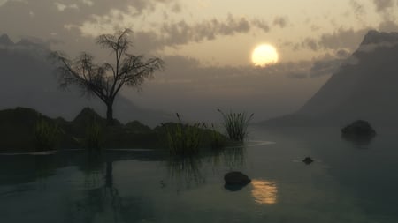 fantastic misty lake - lake, reeds, mist mountains, tree