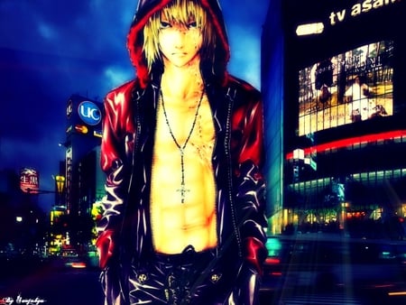 Mello in the city - city, mello, blond hair, death note