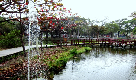 Fountain - park, fountain, crooked bridges, grass