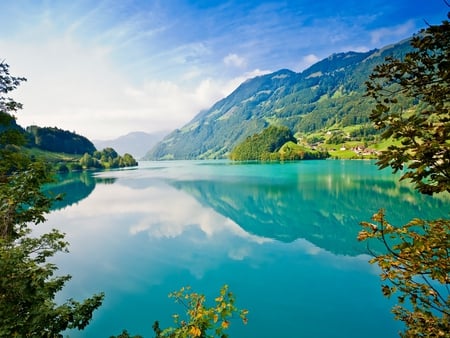 Beautiful Lake - panorama, white, lakes, lagoons, view, amazing, cool, reflection, reflected, laguna, scenic, mounts, nature, beautiful, mirror, high definition, alps, leaves, europe, beauty, nice, beautiful day, sky, trees, water, image, leaf, mountains, foliage, clouds, green, rivers, waterscapes, scene, fullscreen, landscapes, morning, day, hd, picture, blue, scenery, awesome