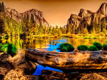 Gateway - creek, beautiful, emerald, grass, river, nature, mountain, autumn, fall, gateway, water, stones, peaceful, wood, lake, sky, calmness, pond, peaks, reflection, orange, calm, green