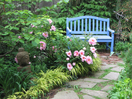 peaceful place - nature, bench, flowers, path, garden