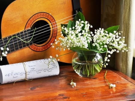 Song of Spring - flowers, guitar, nature, lily of the valley, spring, song, bouquet