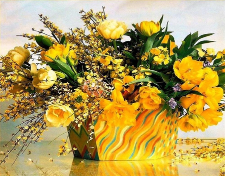 Yellow flowers - twigs, vase, yellow, buds, flowers, nature, arrangement, floral, various