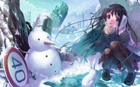 Feel Cold - snowman, snow, girl, winter