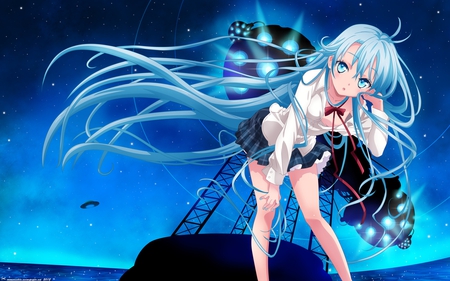 Blue - models, sexy, girl, long hair, aliens, dream, space ship, blue, lighting, anime, land, cute