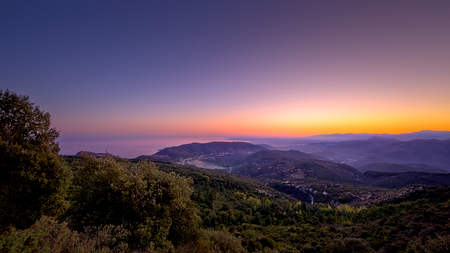 panoramic sunset - purple, forest, hills, towns, sunset