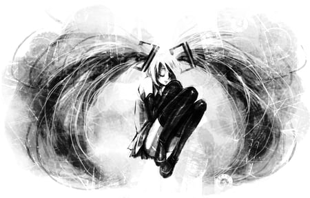 anime - anime, twintails, skirt, girl, hatsune miku, long hair, dark, white, monochrome