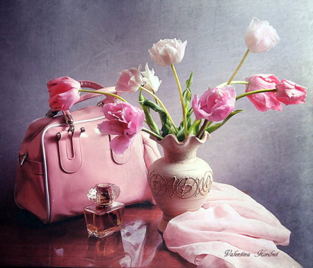 Pinks - flowers, vase, white, purse, table, pink