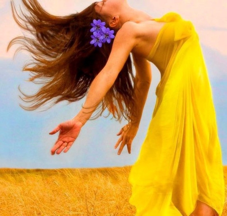 With arms wide open - woman, hair, pic, image, field, wind, spring, purple, yellow, wide, girl, open, wallpaper, picture, colours, wall, colors, cheerful, arms, dress