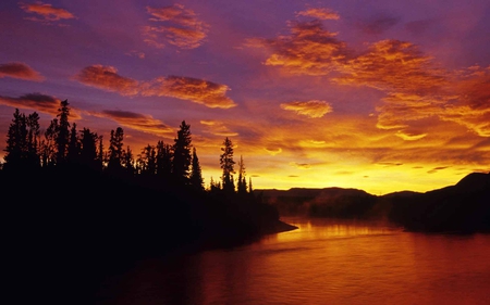 River sunset - sky, forest, trees, sun, colors