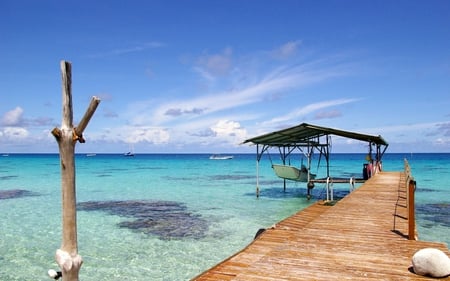 boat shed and dock - clear sea, boat, dock, shed