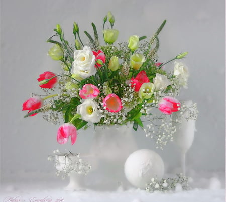 Beauties in white - white, pink, green, tulips, flowers, vase