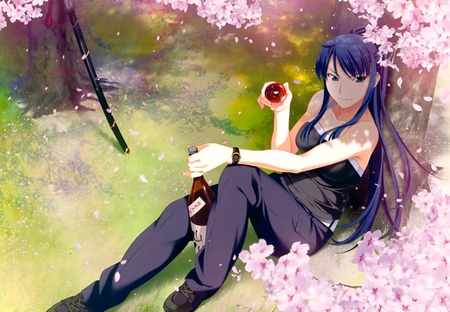 Kusakabe Asako - drink, girl, alcohol, kusakabe asako, cup, cherry blossom, petals, anime, liquid, tree, sake