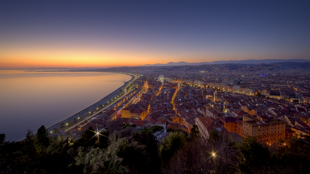 nice at sunset - city lights, sunset, sea, nice