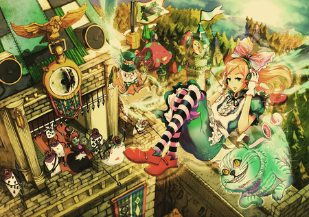 Alice In Wonderland - wonderland, anime, white rabbit, clock, chesire cat, guards, time, movie, alice, building, stripes, queen of hearts