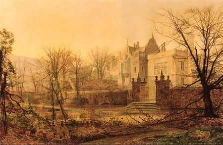 Atkinson Grimshaw - Knostrop Hall - watercolor, house, mansion, painting, art, atkinson grimshaw, tree, knostrop hall