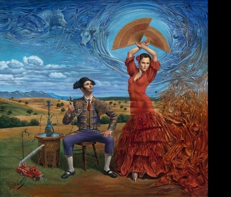 Michael Cheval - Flamenco - hand fan, red dress, fan, michael cheval, music, painting, woman, dance, flamenco, art