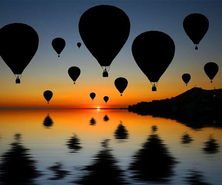 Evening rise - reflections, hot air balloons, sunset, water, evening, orange