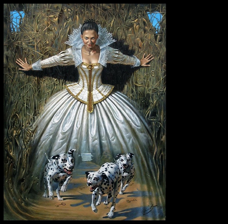 Michael Cheval art - queen, surrealist, girl, dog, michael cheval, black, white, painting, woman, dalmatian, art