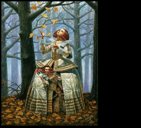 Michael Cheval art - surrealist, tree, michael cheval, mask, autumn, painting, woman, leaf, art