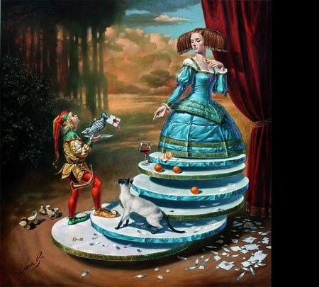 Michael Cheval art - surrealist, children, michael cheval, boy, wine, red, art, kid, queen, blue dress, letter, orange, cat, woman, painting, harlequin, glass