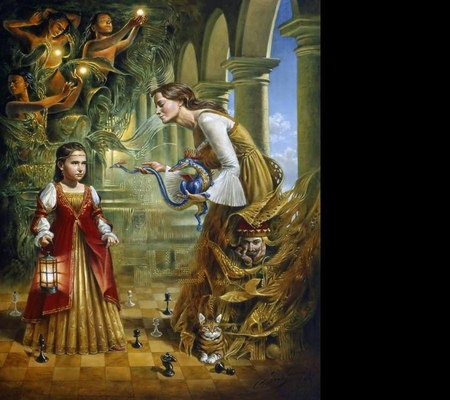 Michael Cheval art - bird, girl, light, cat, michael cheval, fantasy, surrealism, painting, woman, chess, art, castle