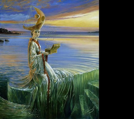 Michael Cheval - Moon Godess - water, moon godess, blue, surrealist, girl, sea, michael cheval, green, painting, woman, art