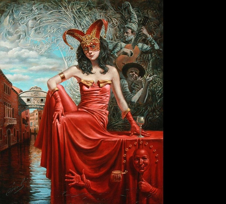 Michael Cheval - Journey into illusion - mask, journey into illusion, painting, michael cheval, art, surrealist, red, harlequin, dress